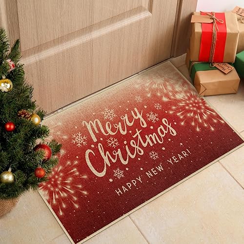 Miniatura 2 de Arttown Tapete de Navidad para puerta, diseño de copos de nieve, fuegos artificiales, color rojo, tapete de bienvenida de invierno, tapete para
