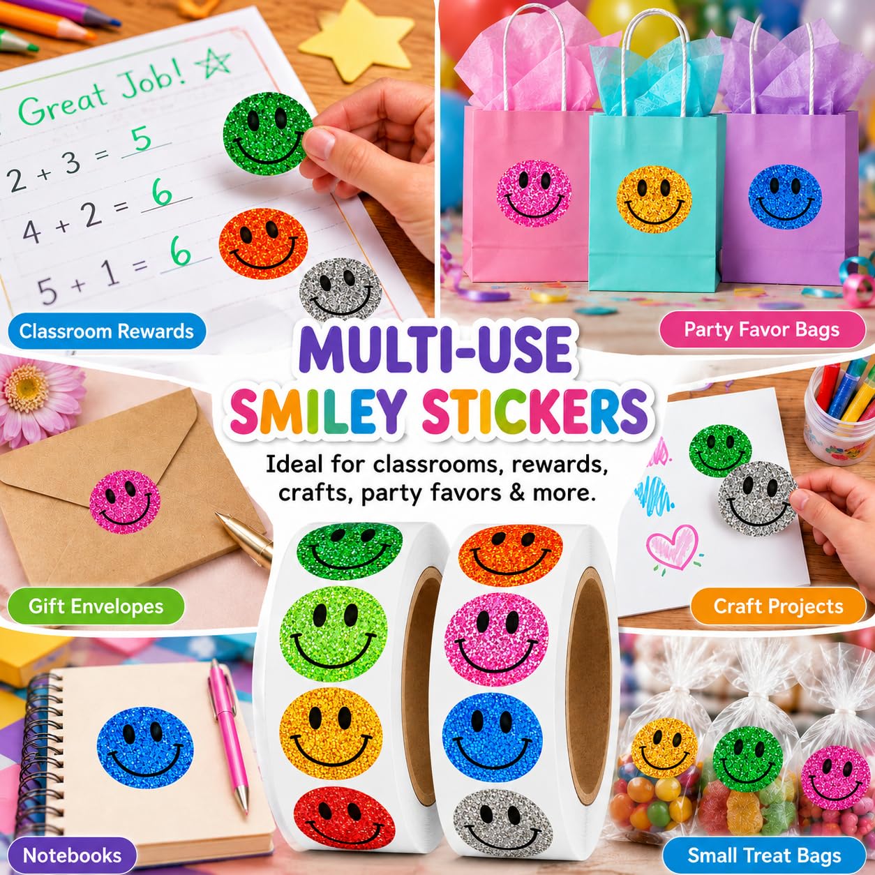 Smiley-Aufkleber mit Smiley-Motiv, 2,5 cm, 2 Rollen mit 500 runden Etiketten für Verpackung, Versandtaschen, Büroinventar, Versiegelung von Umschlägen und Geschäftsbedarf (Smiley_Glitzer)