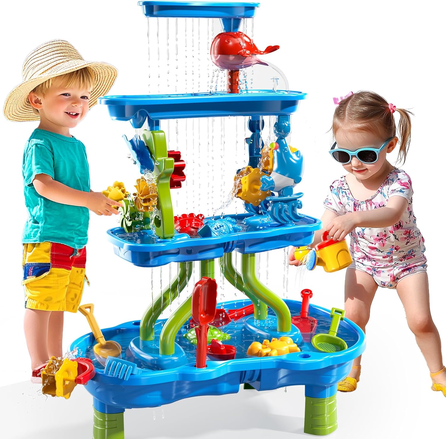 4-Tier Water Table for Toddlers 3-5 Kids Ages 4-8, Summer Outdoor Beach Sensory Activity Playset Kids Sand Box and Water Table Toys, Party Birthday Gifts for Boys and Girls 3 4 5 6 7 8