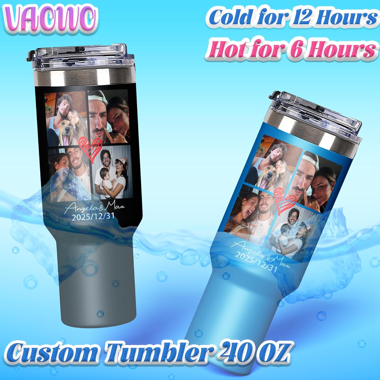 Personalized 20/30/40 Oz Stainless Steel Tumbler with Handle & Straw, Custom Photo Cup, Insulated Coffee Cup with Picture Customized, Christmas Birthday Gift for Women Men Couple - Image 3