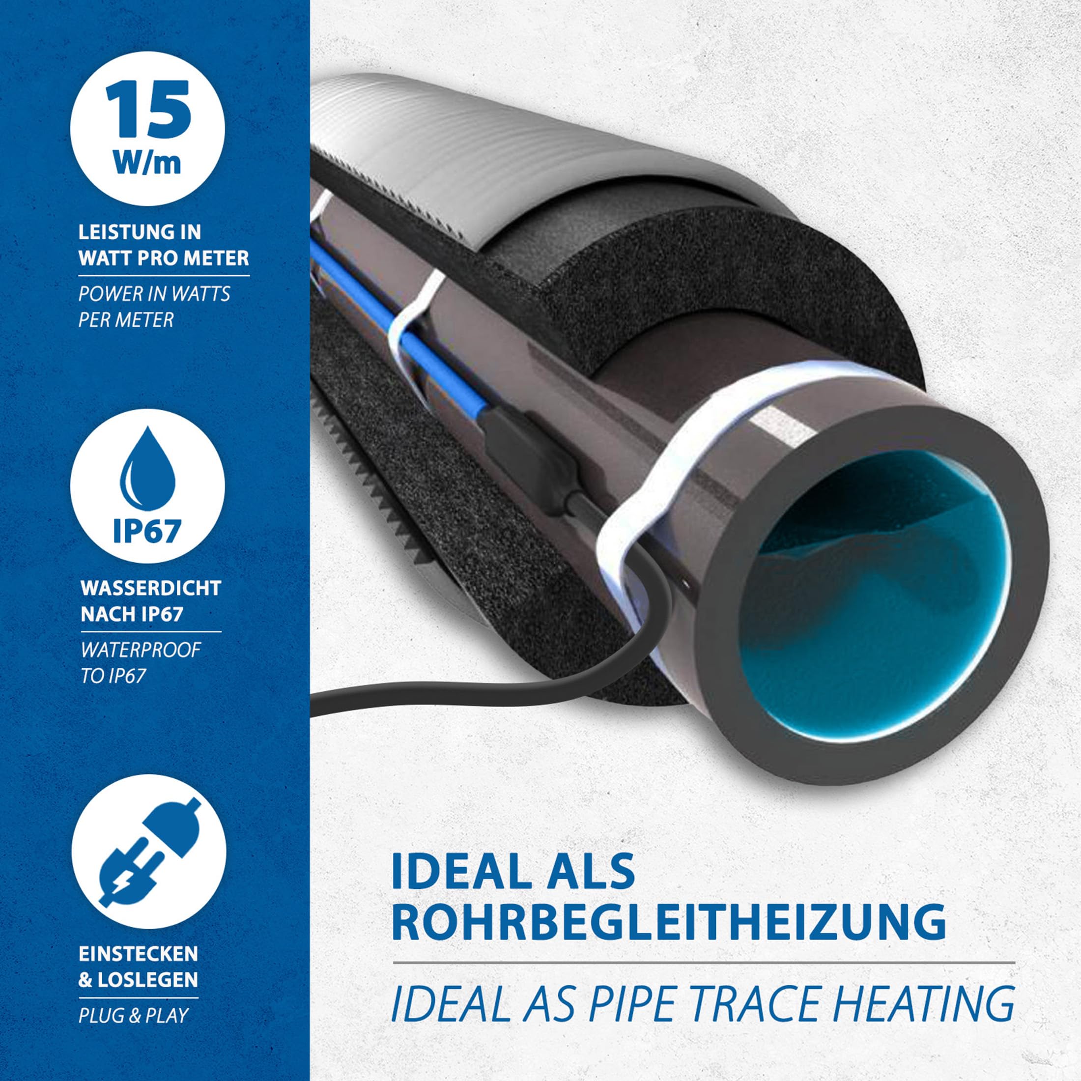 15W/m elektrisches Frostschutzkabel für Rohre Leitungen Behälter - Begleitheizung Abtauheizung Heizkabel - 12m lang mit eingebautem Thermostat +3°C ein / +12°C aus