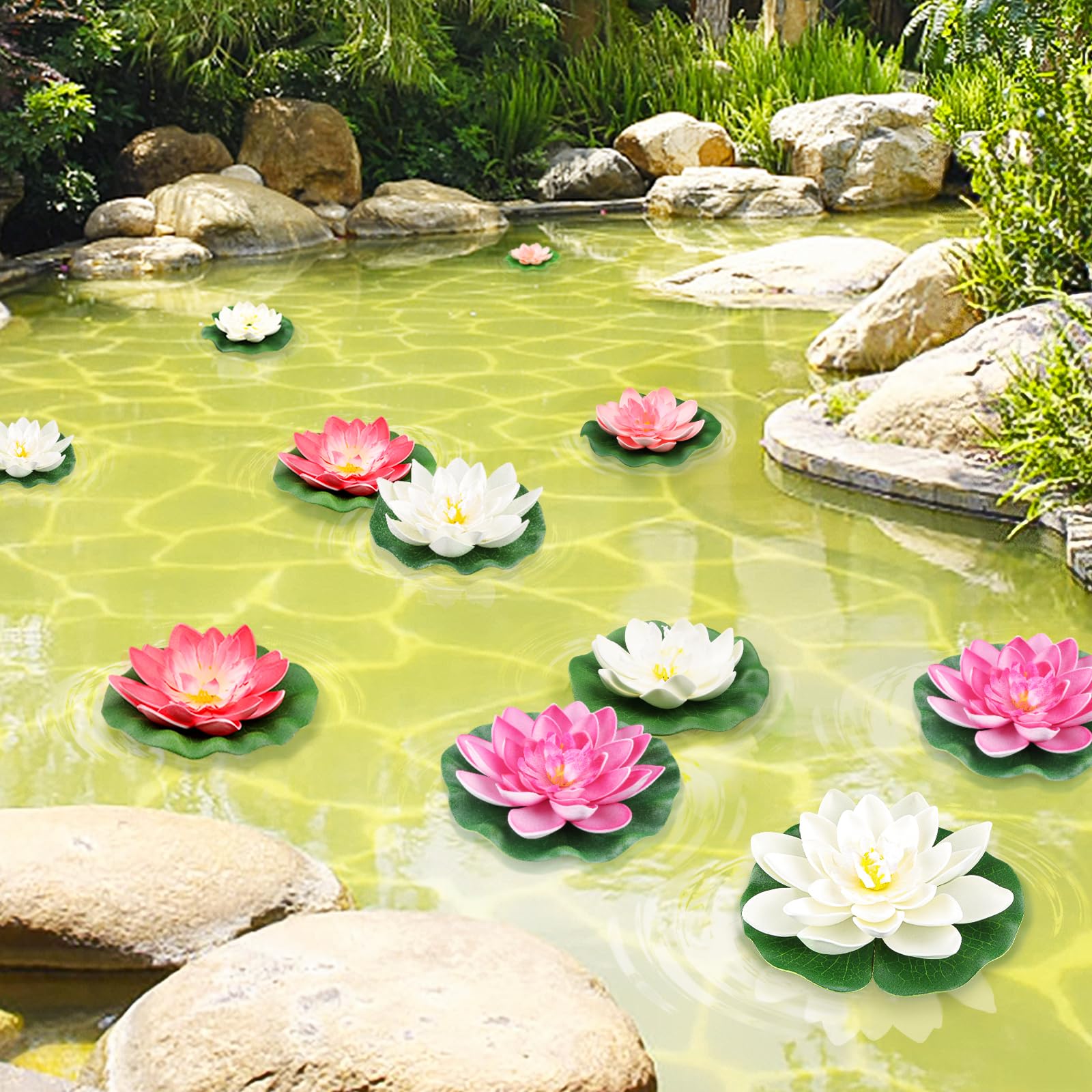 QUOZUO 10 pezzi di fiori di loto artificiali in schiuma, piante acquatiche galleggianti, ninfee artificiali, piante di giglio d'acqua, fiori di loto per acquario, terrazzo, giardino, piscina (rosso