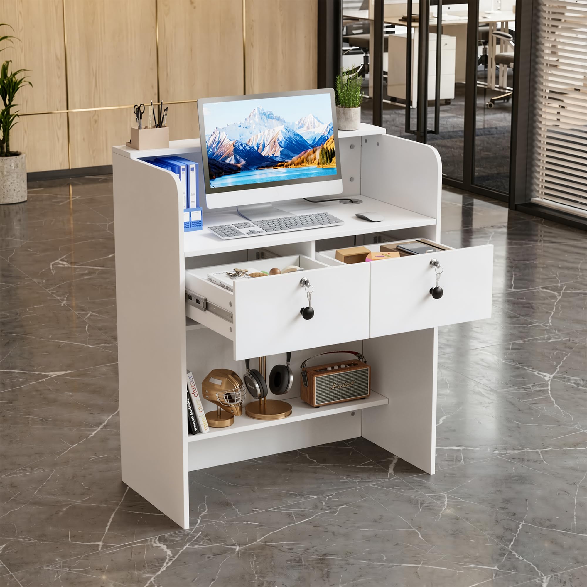 MSFE Comptoir Réception avec LED Comptoir d'accueil Petit Bureau d'accueil avec Tiroirs Verrouillables Compact Meuble de Réception Comptoir de Caisse pour Salon de Coiffure,Bureau,Boutique