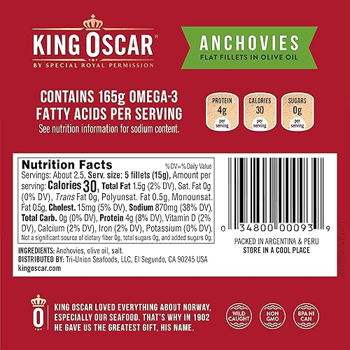 Miniatura 2 de King Oscar - Anchoas planas, sin OMG, certificado Kosher, sin gluten, lata de 2 onzas (paquete de 3) con dispensador de palillos de dientes By The