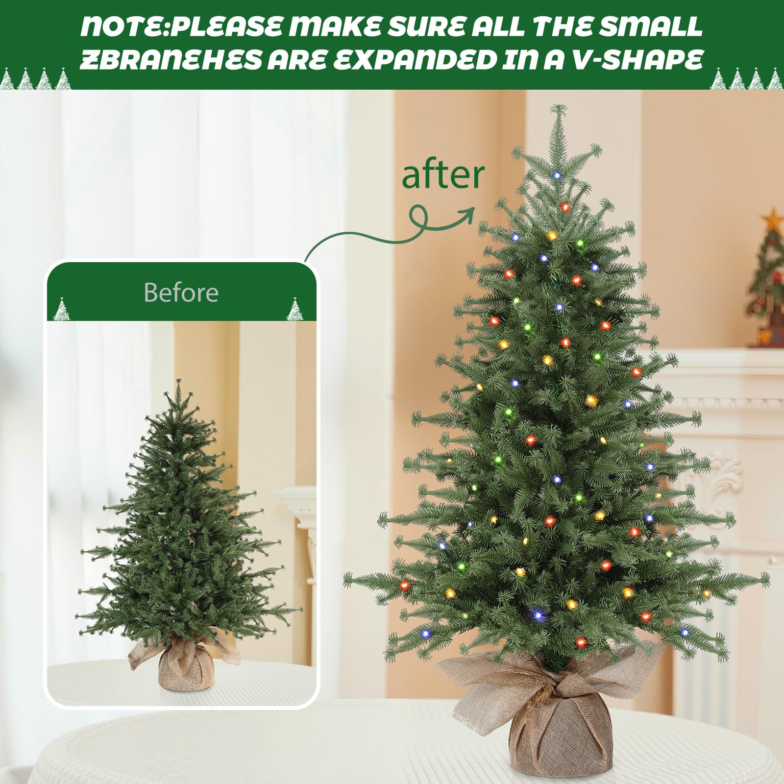 Alupssuc 3FT Albero di Natale Preilluminato, 90 Luci LED E 12 Modalità, Mini Albero di Natale Artificiale con Rami in PE Simili a Fiori Per Decorazioni Natalizie Interne Ed Esterne
