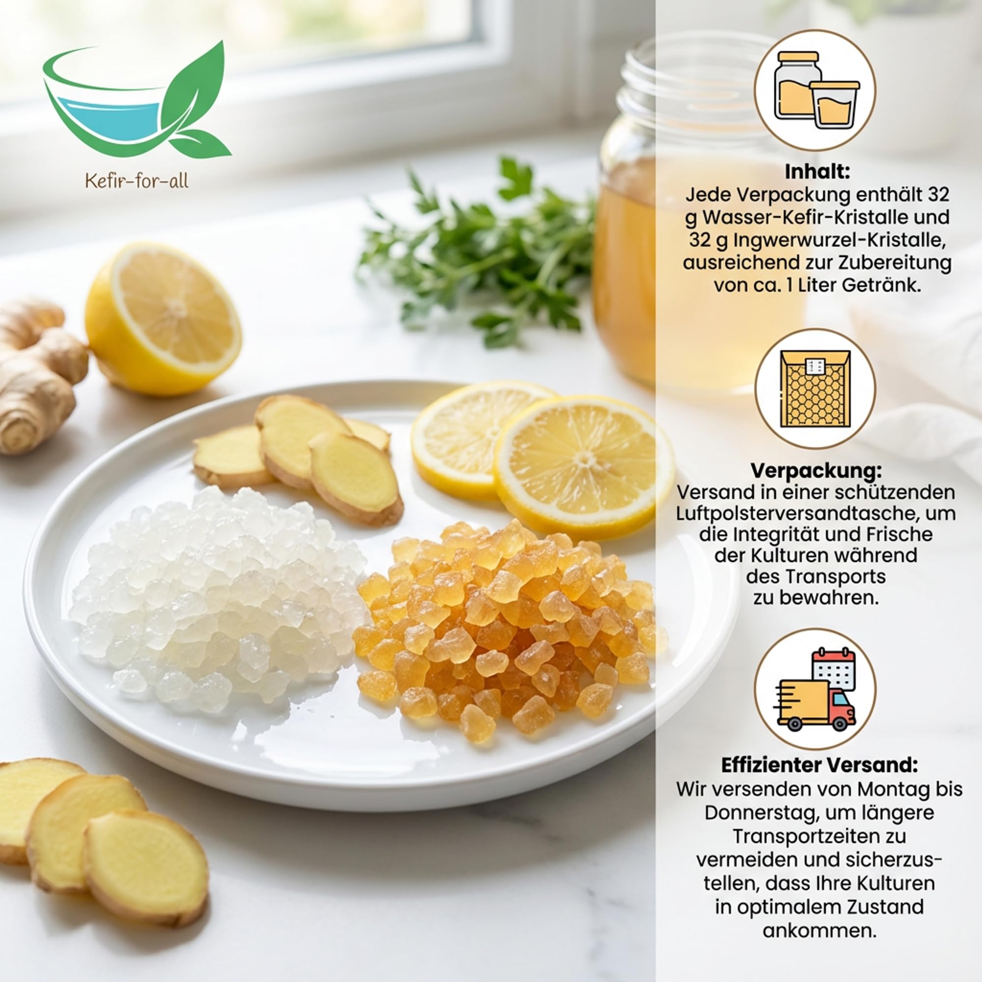 Kefir-for-all Bio-Wasserkefir & Bio-Ginger Root Starterset Kulturen 2x32 g - Lebende Kulturen - 64 g inkl. deutscher Anleitung
