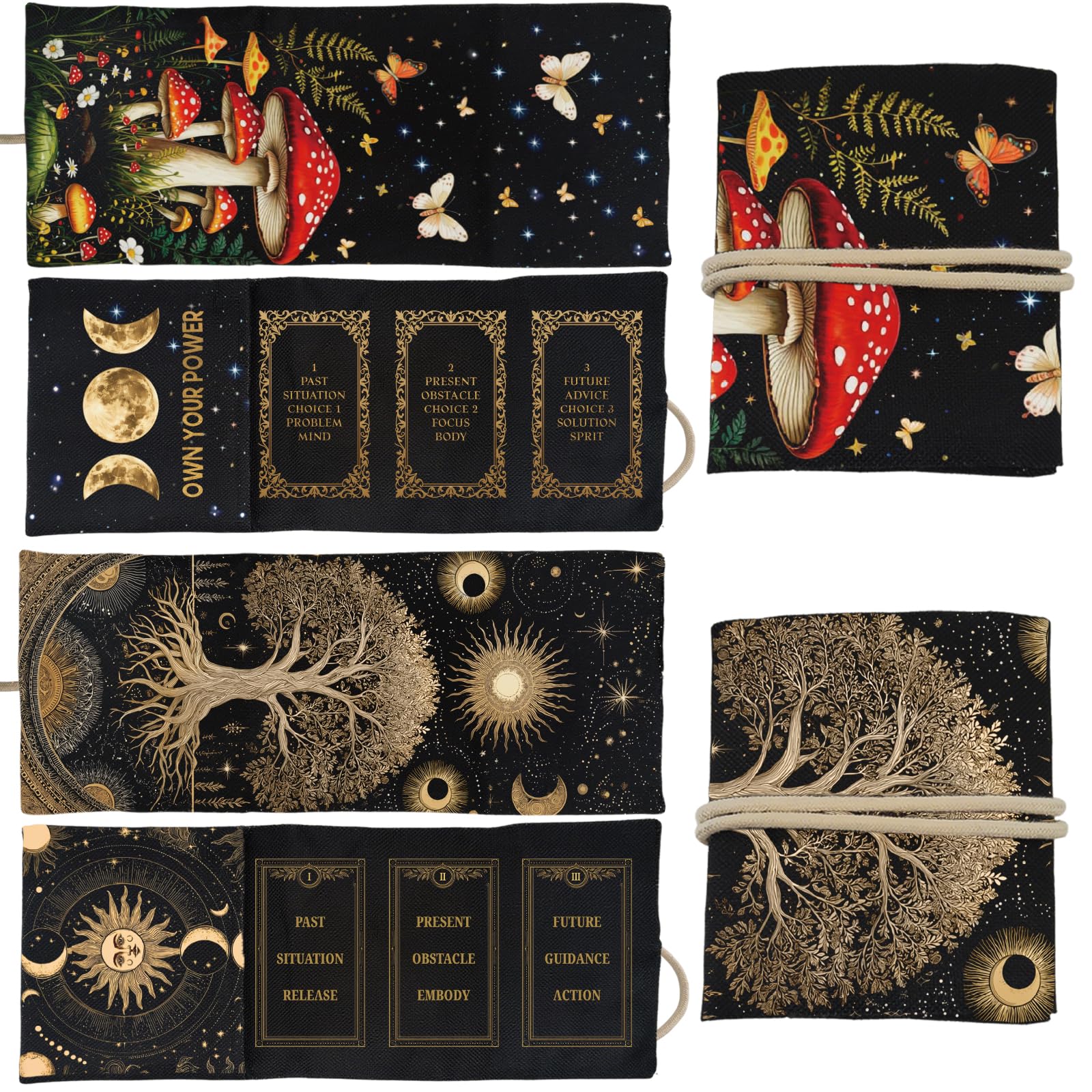 GLOBLELAND 2Pcs Sun Moons Tarot Card Holder with Layout Pattern Moons Phase Mushrooms Polyester Tarot Storage Bag Tree of Life Divination Storage Pouch Accessories for Playing Cards Tarots Oracle Deck