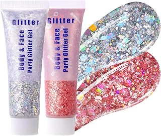 Prreal 2Pcs Body Glitter Gel Holographic Chunky Face Hair Glitter Set B | Sparkly Shimmer Glitter Eye Hair Nail Gel Mermaid Sequin Makeup Set for Carnival Festival Accessories, Silver+Pink