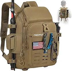 Piscifun Mochila de pesca com suporte para vara e equipamento, bolsa de armazenamento leve com capa protetora de chuva