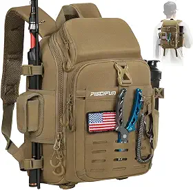Piscifun Mochila de pesca com suporte para vara e equipamento, bolsa de armazenamento leve com capa protetora de chuva