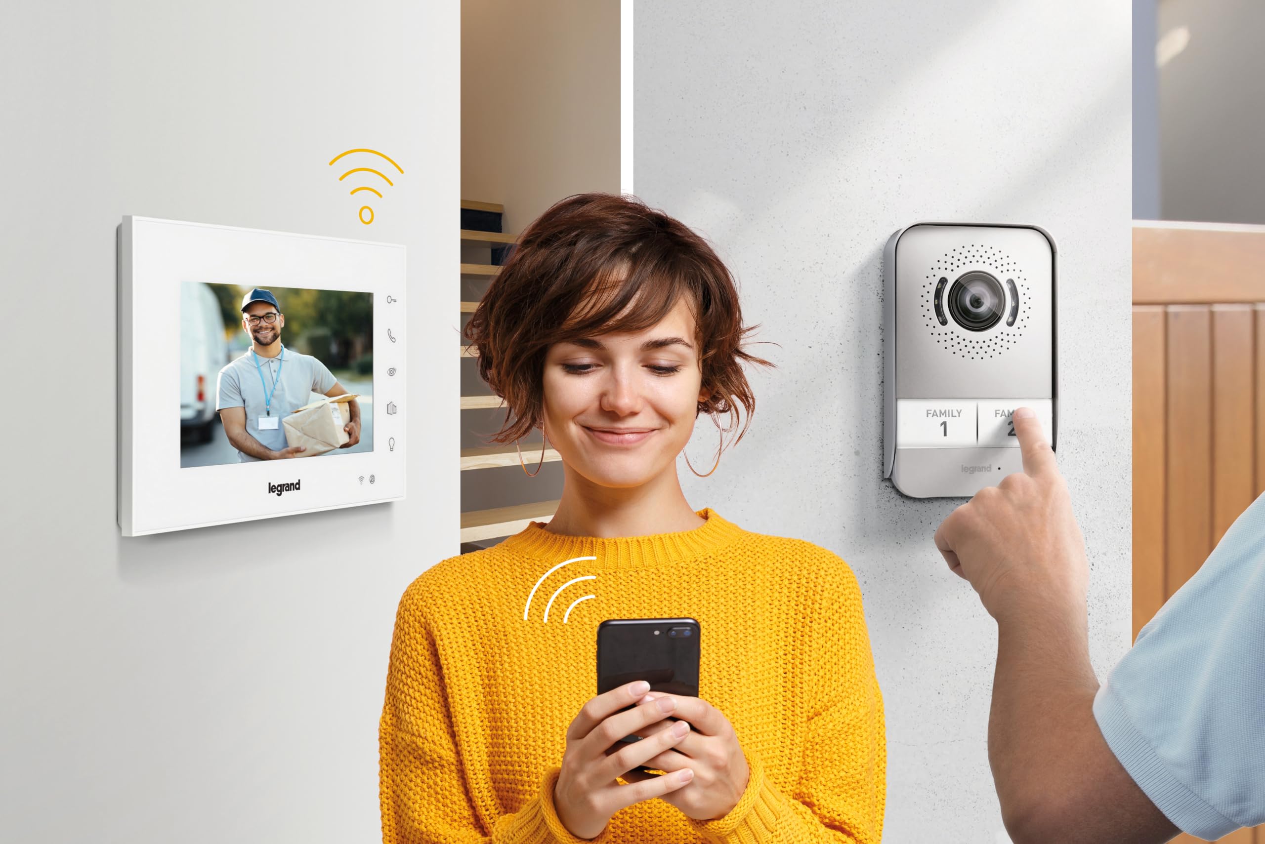 LEGRAND, Wifi 360915 - Kit de videoportero (conexión de 2 cables, monitor a color brillante de 7 pulgadas y cámara gran angular, conexión para smartphone, control p. App, 1/2 casa familiar, fuente de