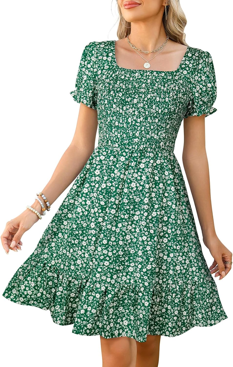 Lyrur Women’s Short Sleeve Summer Dresses 2025 Spring Casual Square Neck Easter Dress A-Line Tiered Sundress with Pockets