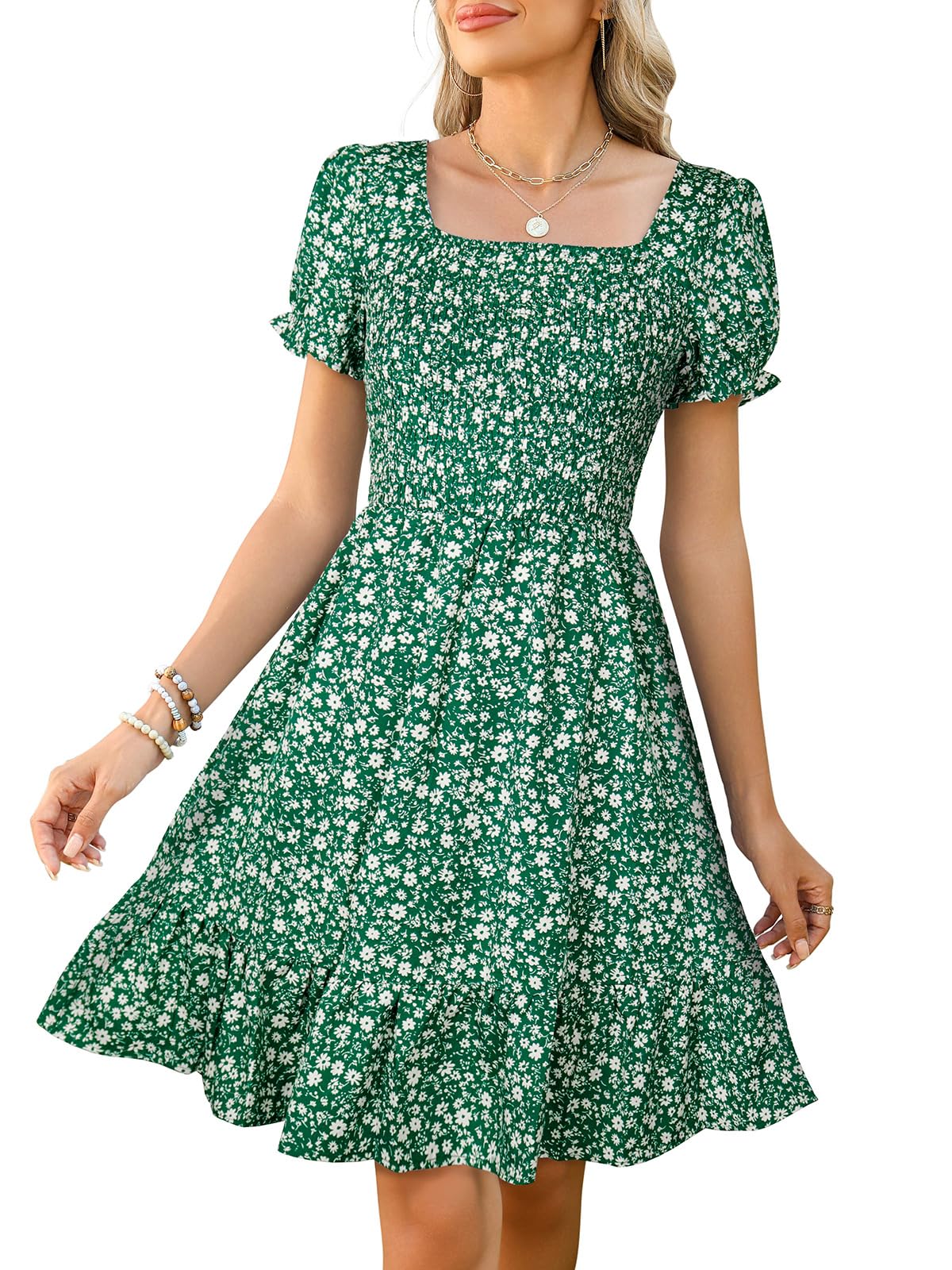 Lyrur Women's Short Sleeve Summer Dresses 2026 Spring Casual Square Neck Easter Dress A-Line Tiered Sundress with Pockets