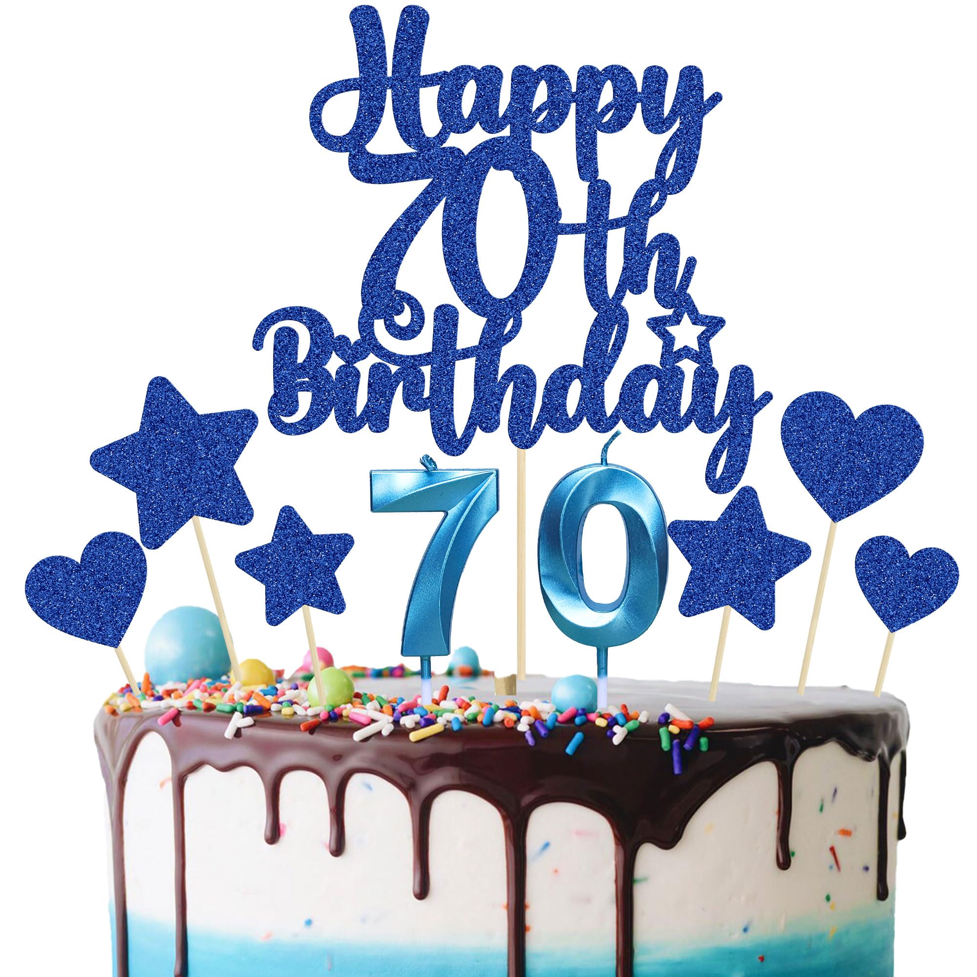 Gyufise 15Pcs Happy 70th Birthday Cake Topper Set with Heart Star Glitter Cheers to 70 Years Cake Picks Number 70 Candles Cake Decorations for Happy 70th Birthday Anniversary Party Supplies Blue — image 1