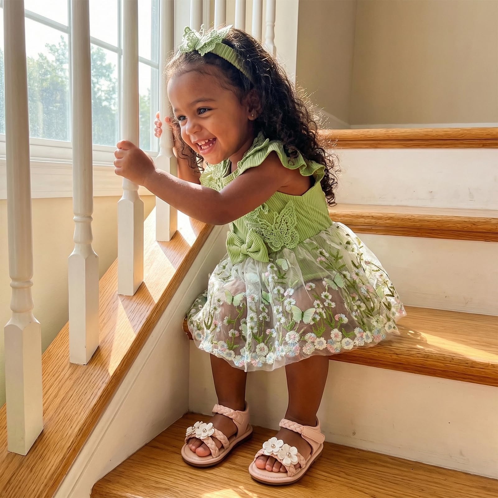Caziffer 2Pcs Ensemble Bébé Fille Été, Robe Barboteuse à Manches Volantes, Fleur Brodée, Tulle Patchwork, 3D Papillon Décor, avec Bandeau, Tenue pour Bébé Fille Chic, 0-18 Mois