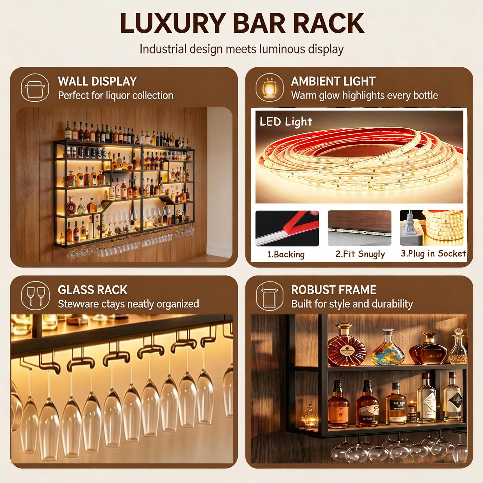 Botellero Modular de Pared con luz LED (Negro, 200CM) | Botellero de pared LED modular, 4 niveles, hierro y nogal; hasta 200 botellas; largo 200-300 cm; portacopas incluido