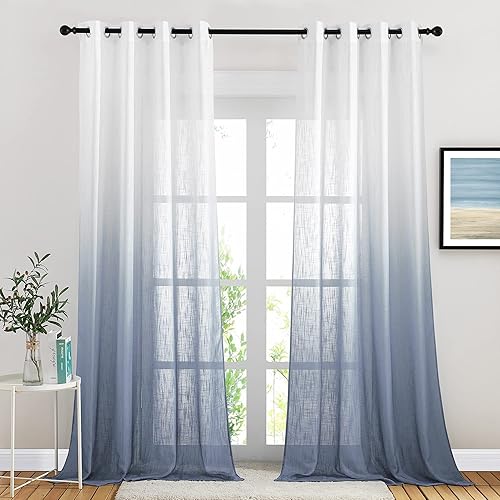 NICETOWN Stone Blue Ombre Sheer Linen Curtains for Bedroom, Grommet Two-Tone Gradient Color Semi Sheer Vertical Drapes Privacy with Light Filtering for Hall / Porch, W50 x L95, Sold by 2 PCs