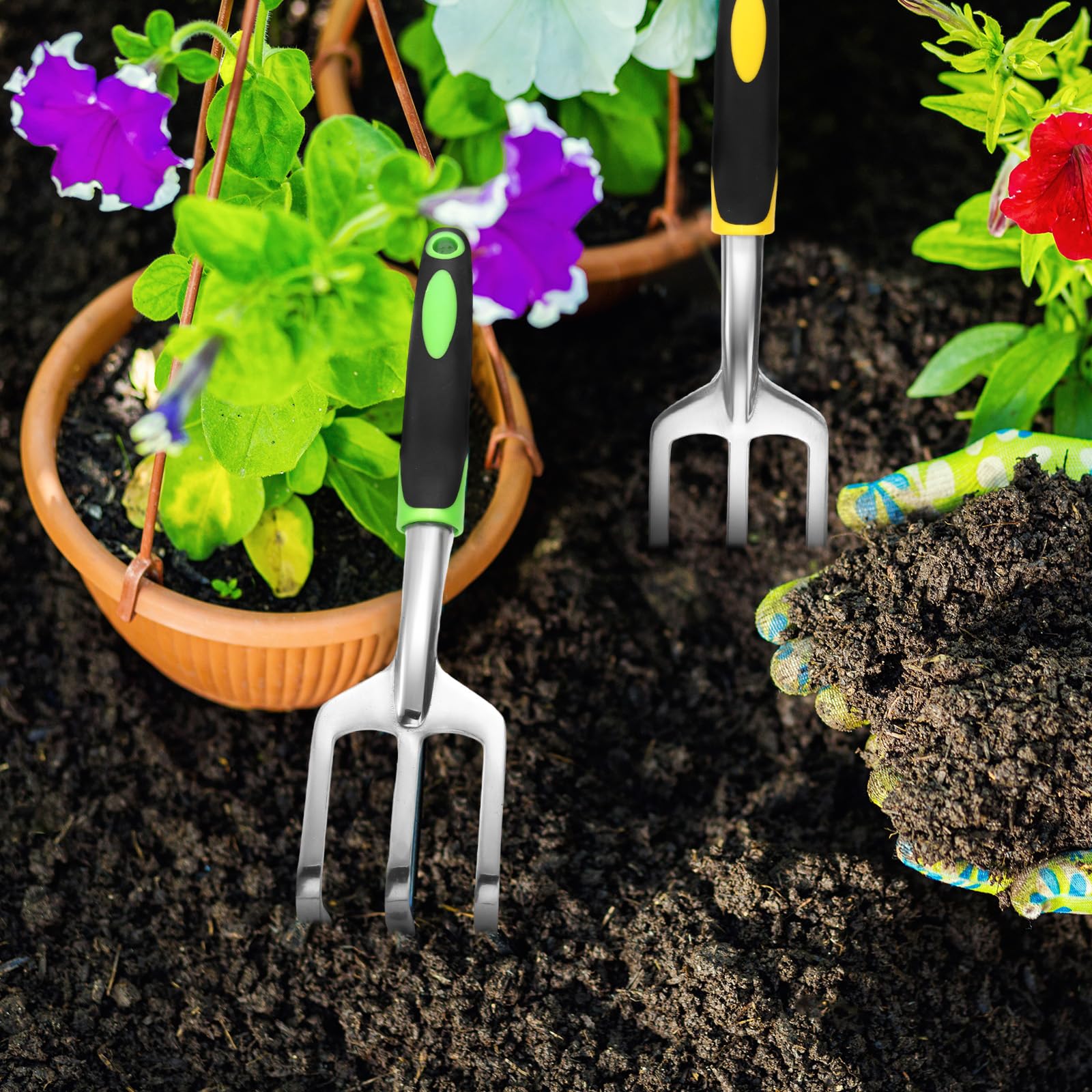 Yaocom 12 cultivadores de mano de jardín de aleación de aluminio resistente, herramienta de jardín para jardinería, rastrillo de mano con mango suave de TPR para jardín, césped, patio, granja, hogar,