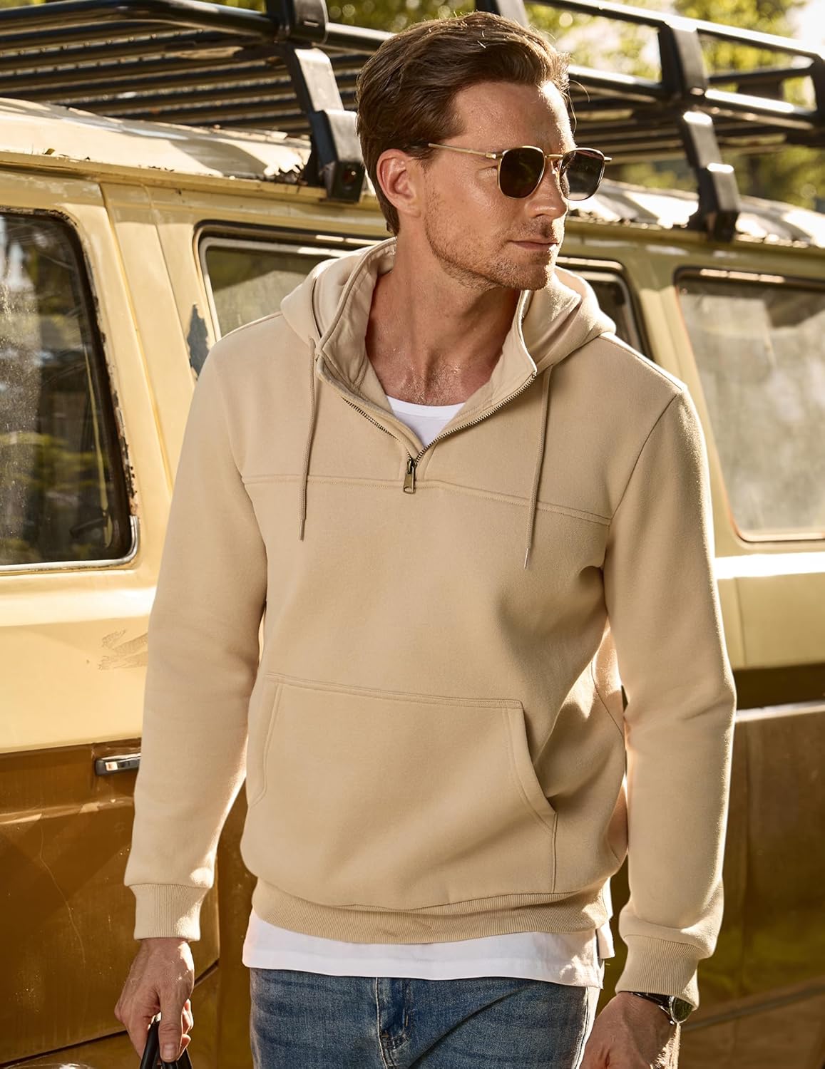 JMIERR Mens Casual Cotton Hoodies Drawstring Quarter Zip Pullover Sweatshirts - Image 9