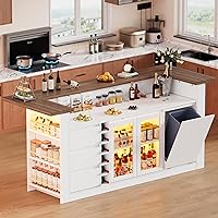 SDMY 86.6" White Modern Kitchen Island with Trash Bin, LED Lights, 3 Drawers, Wine Rack & Shelves