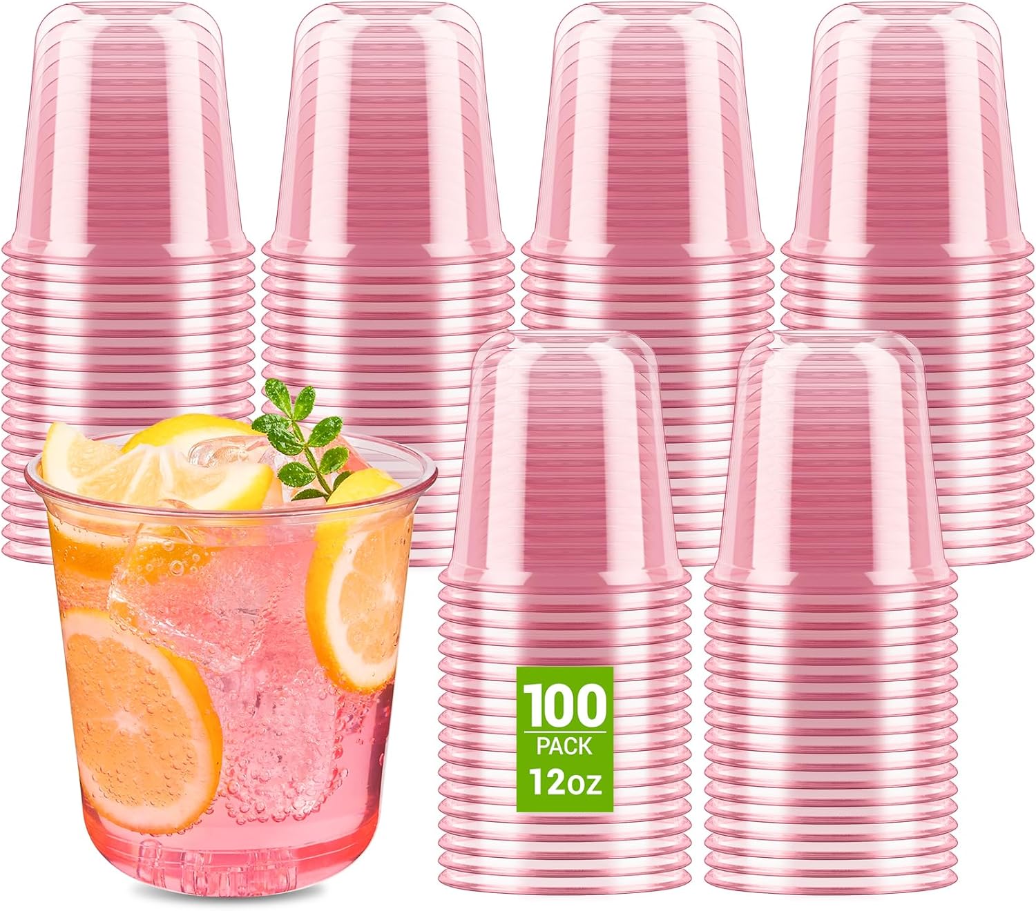Soelomu 100 Pcs Pink Plastic Cups, 12 oz Disposable Stemless Wine Glasses Cocktail Party Cups for Mother's Day Wedding Birthday Meeting Gathering