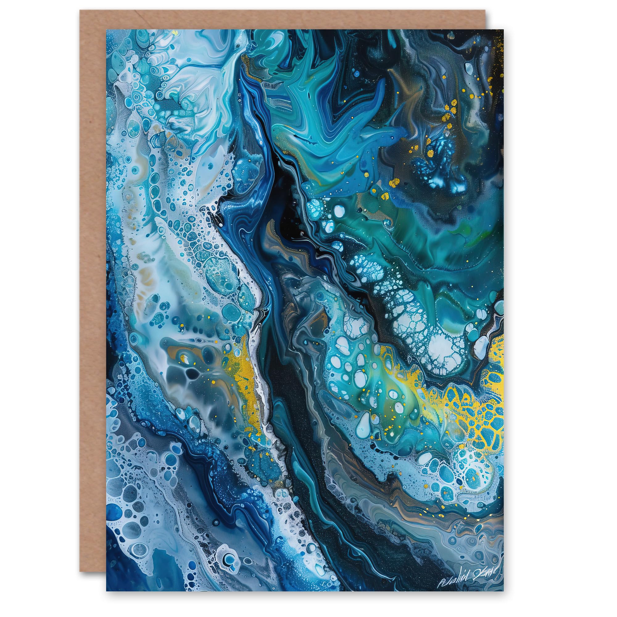 Artery8 Liquid Paint Teal Blue Yellow Abstract Painting Greeting Birthday Card Him Her All Blank