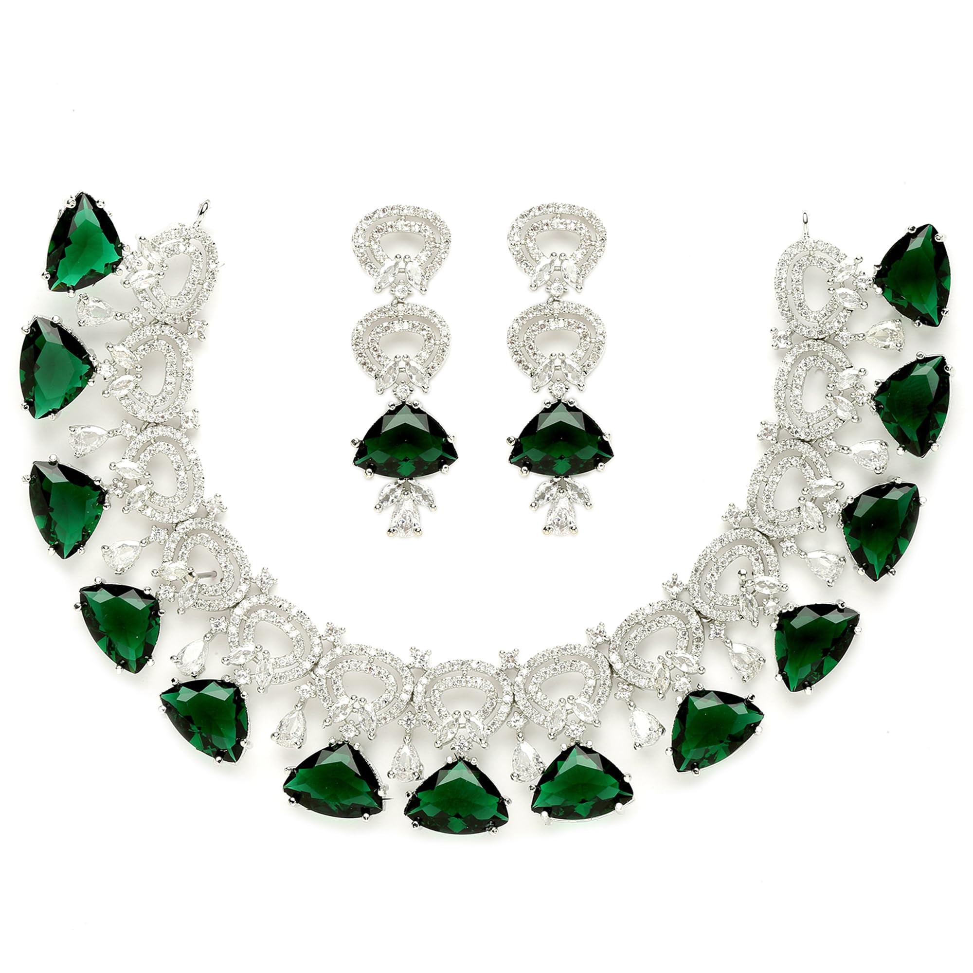 ZENEME Rhodium-Plated with Silver-Toned Green and White American Diamond Studded Choker Necklace and Drop Earrings Jewellery Set (Green) For Women (B0BQJSJR7T) Amazon Price History, Amazon Price Tracker