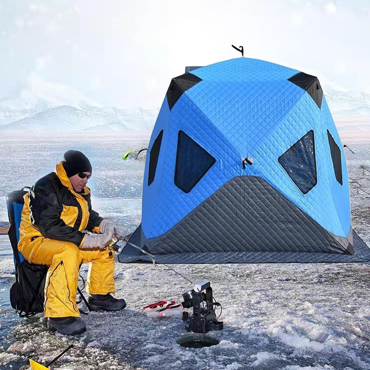 3-4 Personen Isoliertes Eisfischerzelt, Pop-up-eisfischerunterstand Im Hub-Stil Mit Isoliertem Boden Und Ofenanschluss, Tragbares Eisfischerhäuschen Mit Tragetasche, Doppeltür-Design, Thermowinter