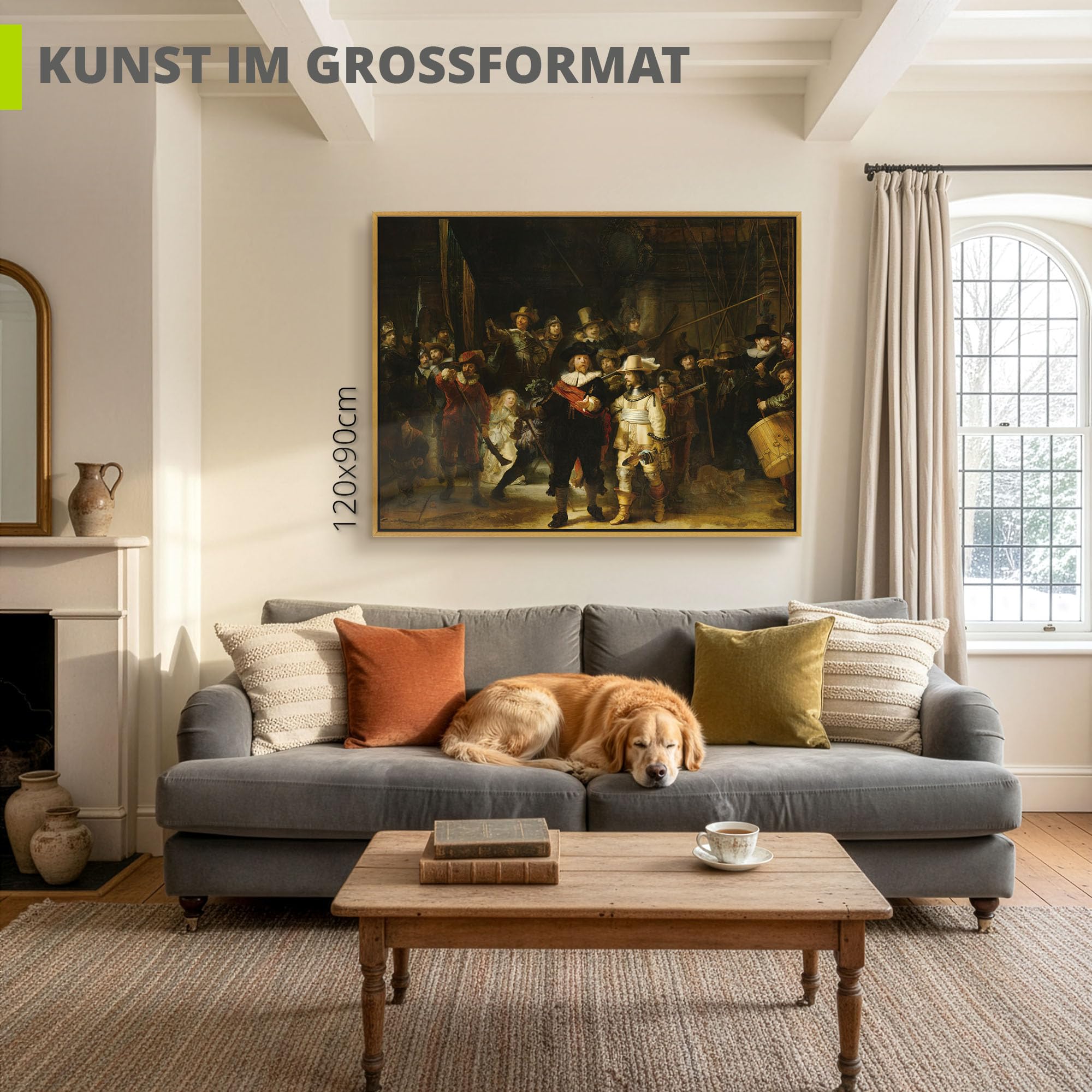 ARTLAND Leinwandbild Rembrandt Die Nachtwache Barock 80x60 cm Kunstdruck mit Schattenfugenrahmen Schwarz oder Gold - Wandbild Wohnzimmer Deko aufhängefertig Made in Germany T6IJ