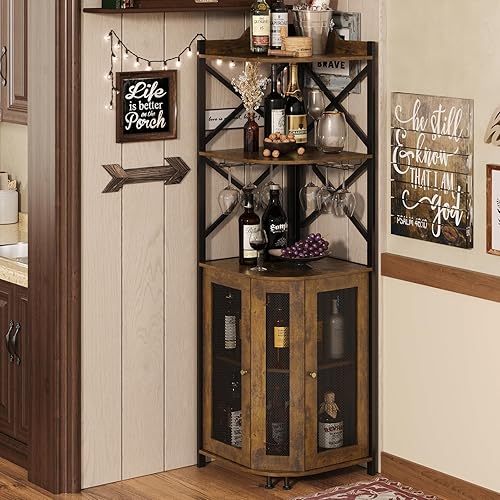 Miniatura 7 de JKsmart Armario de barra esquinera con luces LED, gabinete de vino industrial de 5 niveles con soporte para vidrio, gabinete de bar de vinos con
