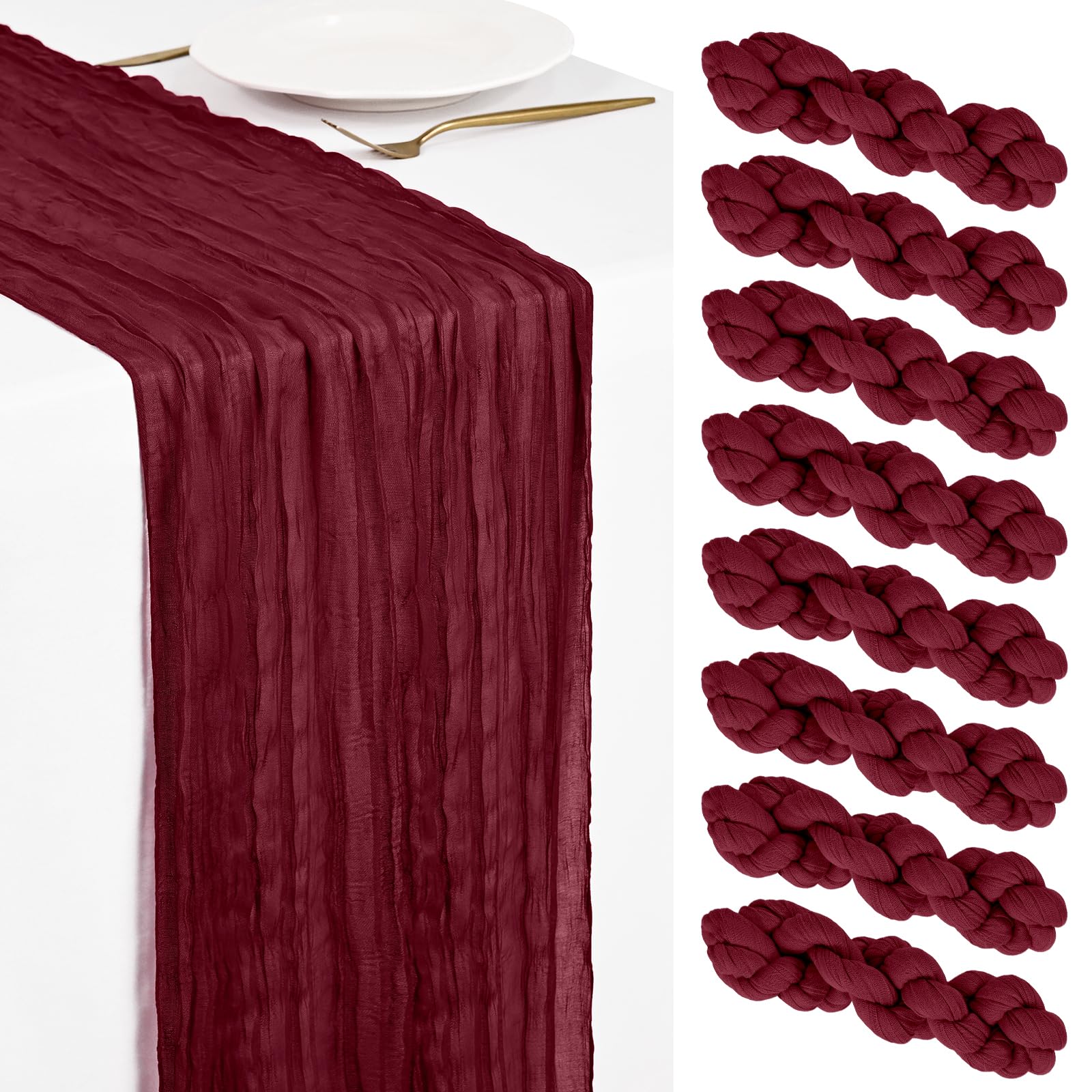 Showgeous 8 Pack Burgundy Red Cheesecloth Table Runner 45x275cm Boho Gauze Cheese Cloth Table Runners Romantic Rustic Sheer Table Decorations for Wedding Party Baby Shower Birthday Holiday Home