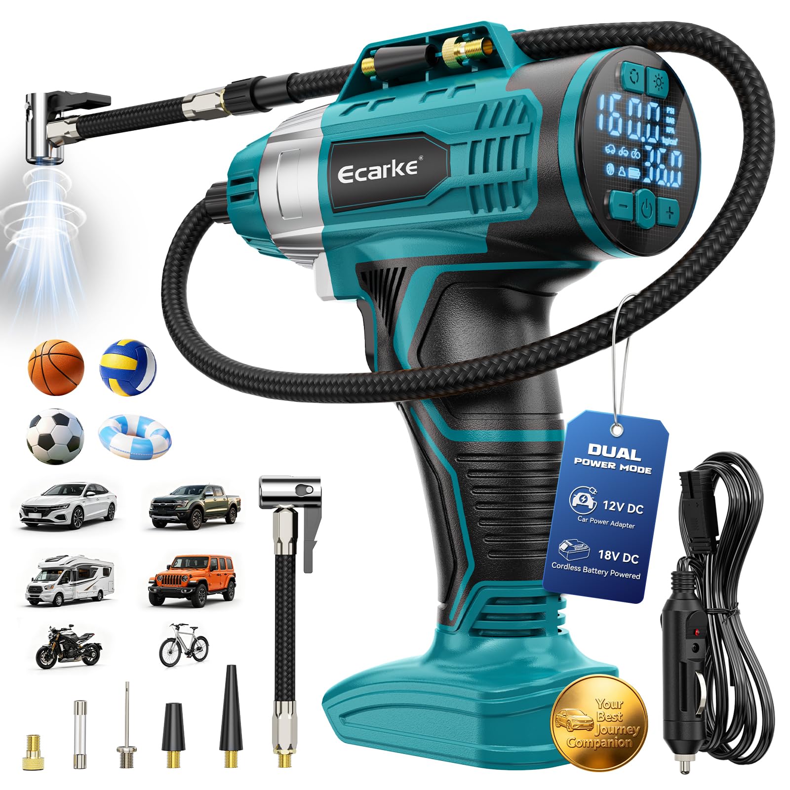 Ecarke Akku Kompressor 11 Bar mit Digitalmanometer & 12V-Zigarettenanzünder, kompatibel mit Makita 18V Akku, Tragbarer Luftpumpe für Auto, SUV, Motorrad, Fahrrad und Bälle, Ohne Akku & Ladegerät