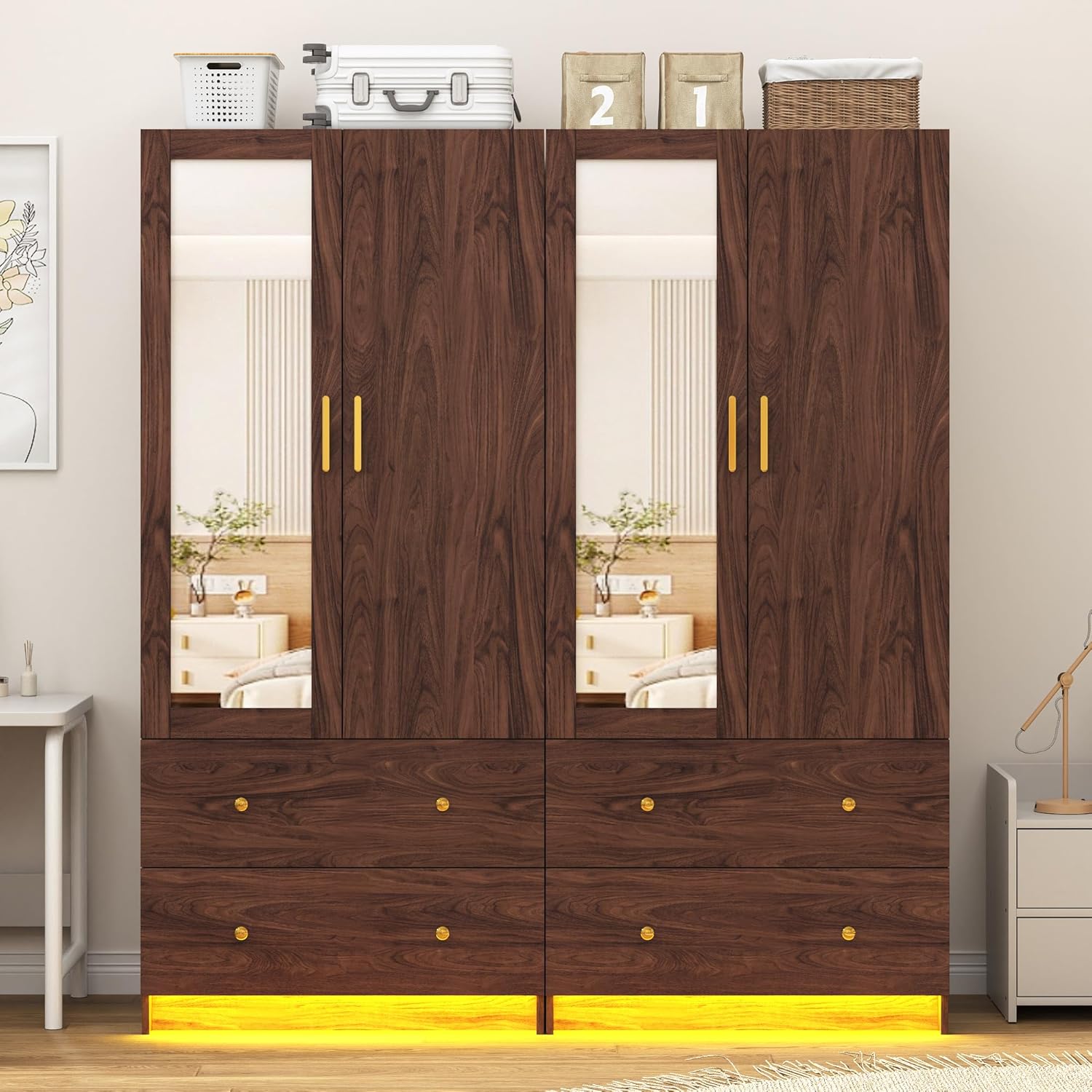 jiteentarou 2 Door Wardrobe Closet with Mirrors and LED Lights, Small Bedroom Armoire with Drawers, Modern Wooden Armoire Wardrobe Closet with Hanging Rod for Bedroom, Brown