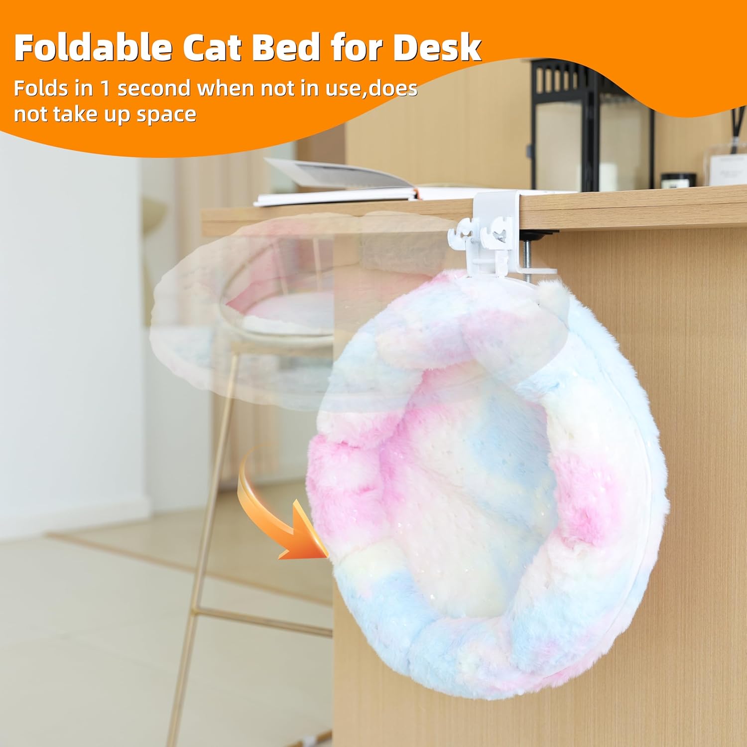 Cat Desk Bed, Cat Perch for Home Office, 360°Rotating & Adjustable Shelf, Removable Comfortable Soft Pet Nest Bed, Modern Unique Kitten Furniture Attachment for Game Tables (Gradient)