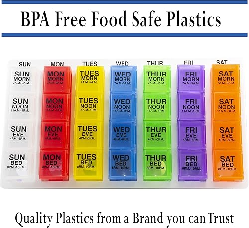 Miniatura 7 de GMS Recordatorio semanal de píldoras 4 veces al día para medicamentos, vitaminas, suplementos y otras píldoras, incluye 7 pastilleros extraíbles en