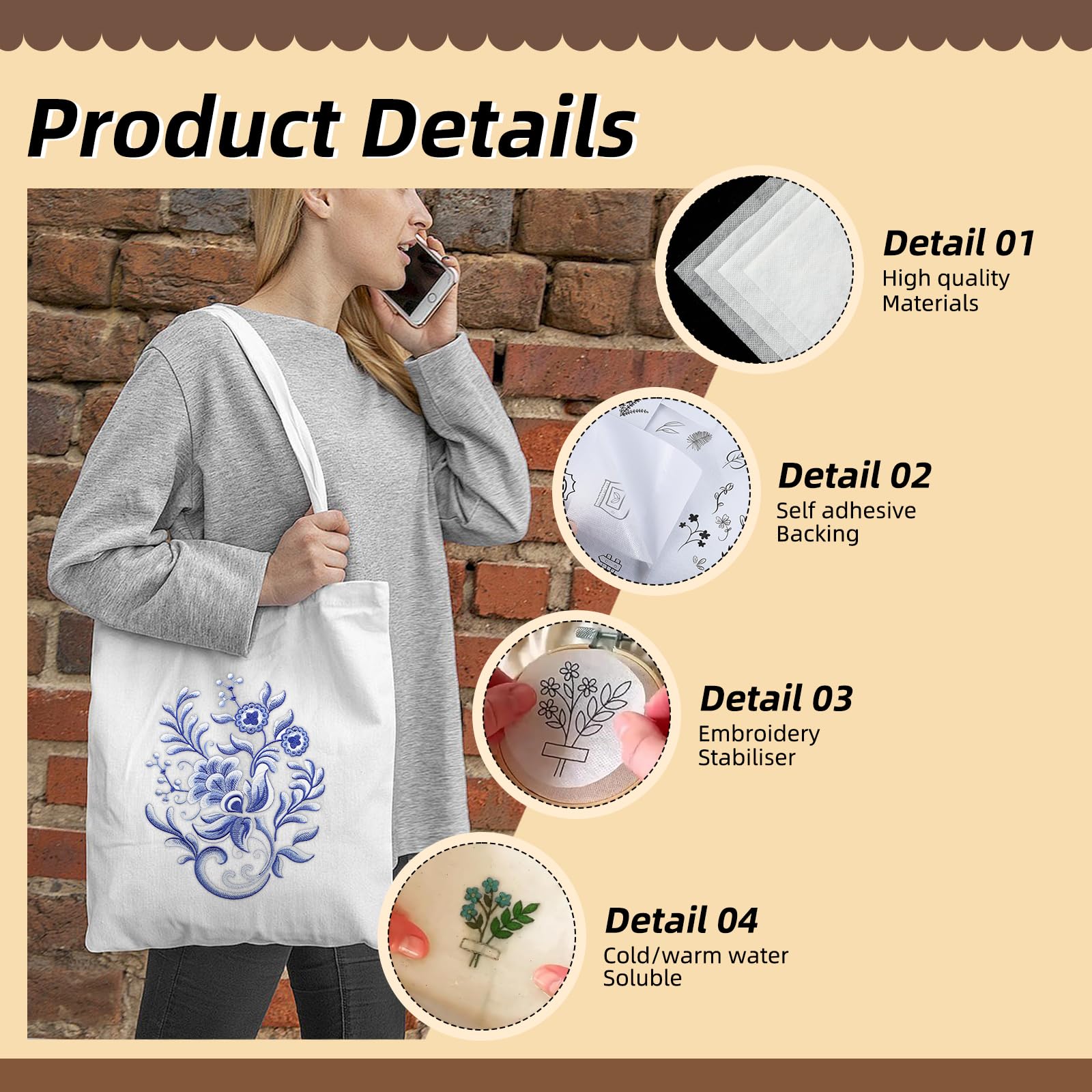 Lot De 12 Feuilles Non-tissées à Broder Solubles Dans L'eau Format A4 - Autocollantes, Pour Broderie Sans Cadre Sur Tissu