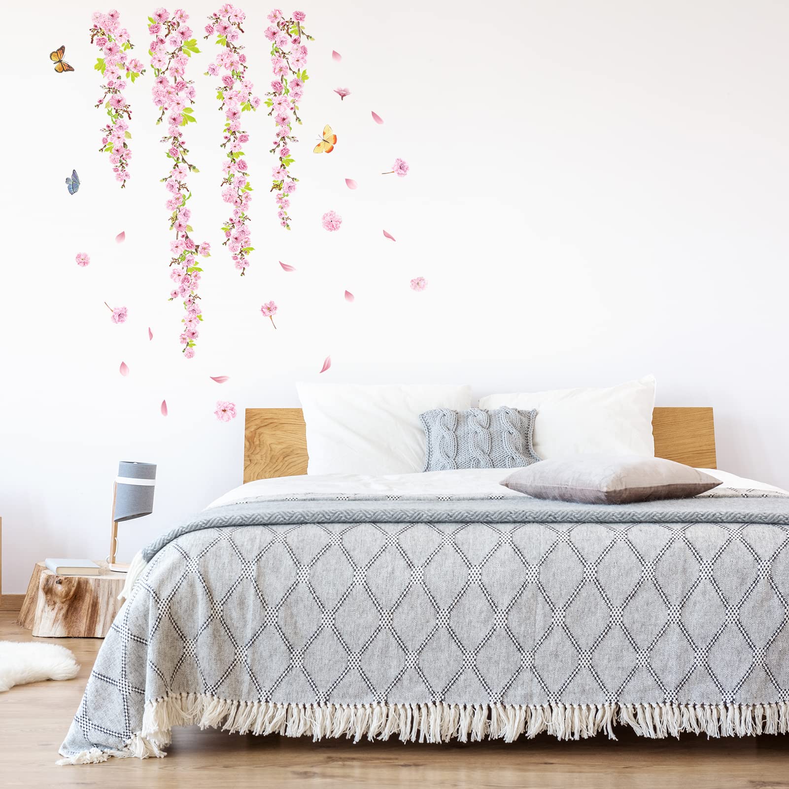 AnFigure Pink Blossom Flower Wall Stickers Hanging Vine Wall Decals Bedroom Living Room Nature Plant Floral Wall Sticker Sofa TV Background Home Wall Decor - Image 3