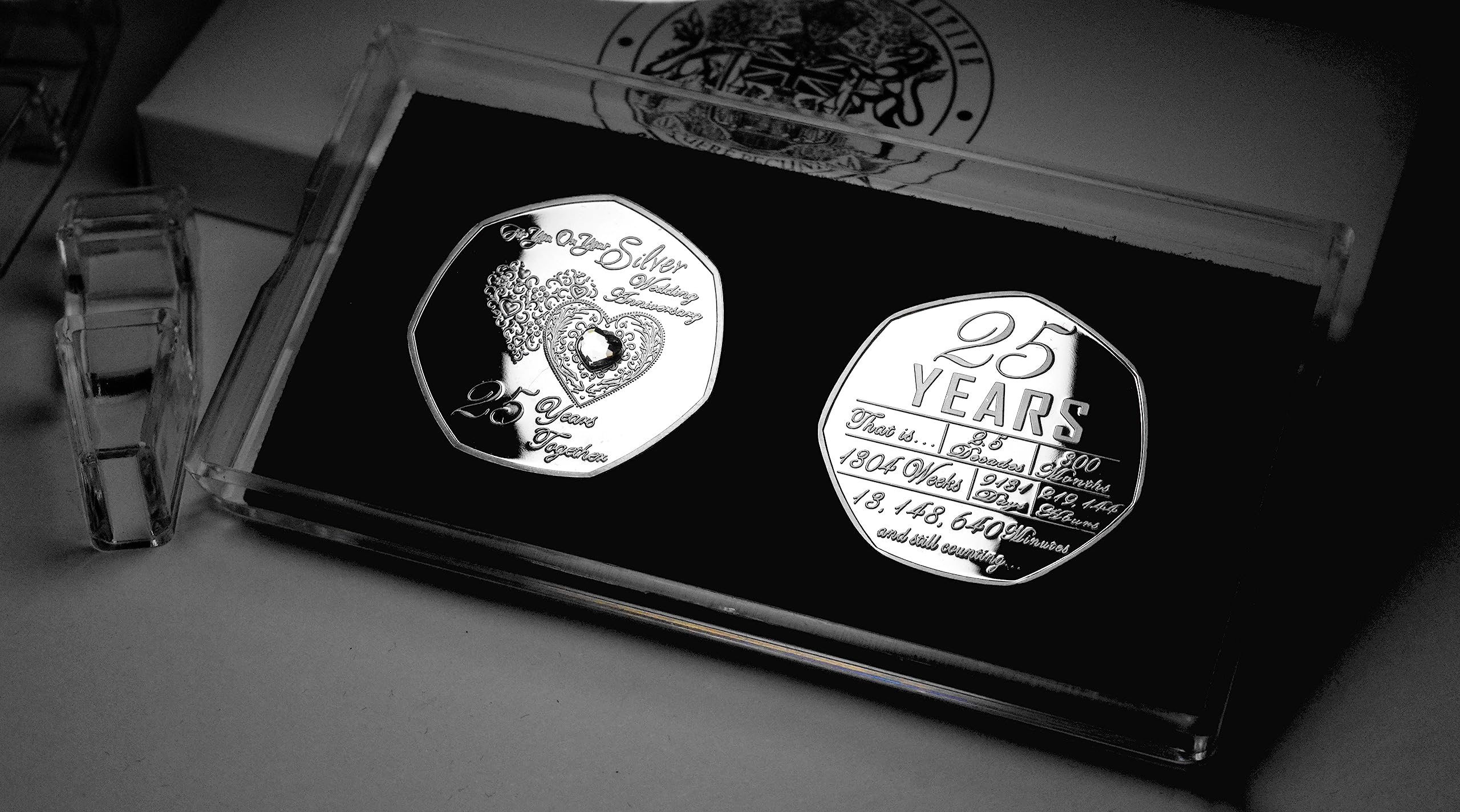 The Commemorative Coin Company Pair of On Your 25th SILVER WEDDING ANNIVERSARY Commemoratives. Gift/Presentation Case/Box. Diamante Gemstone. 25 Years Together