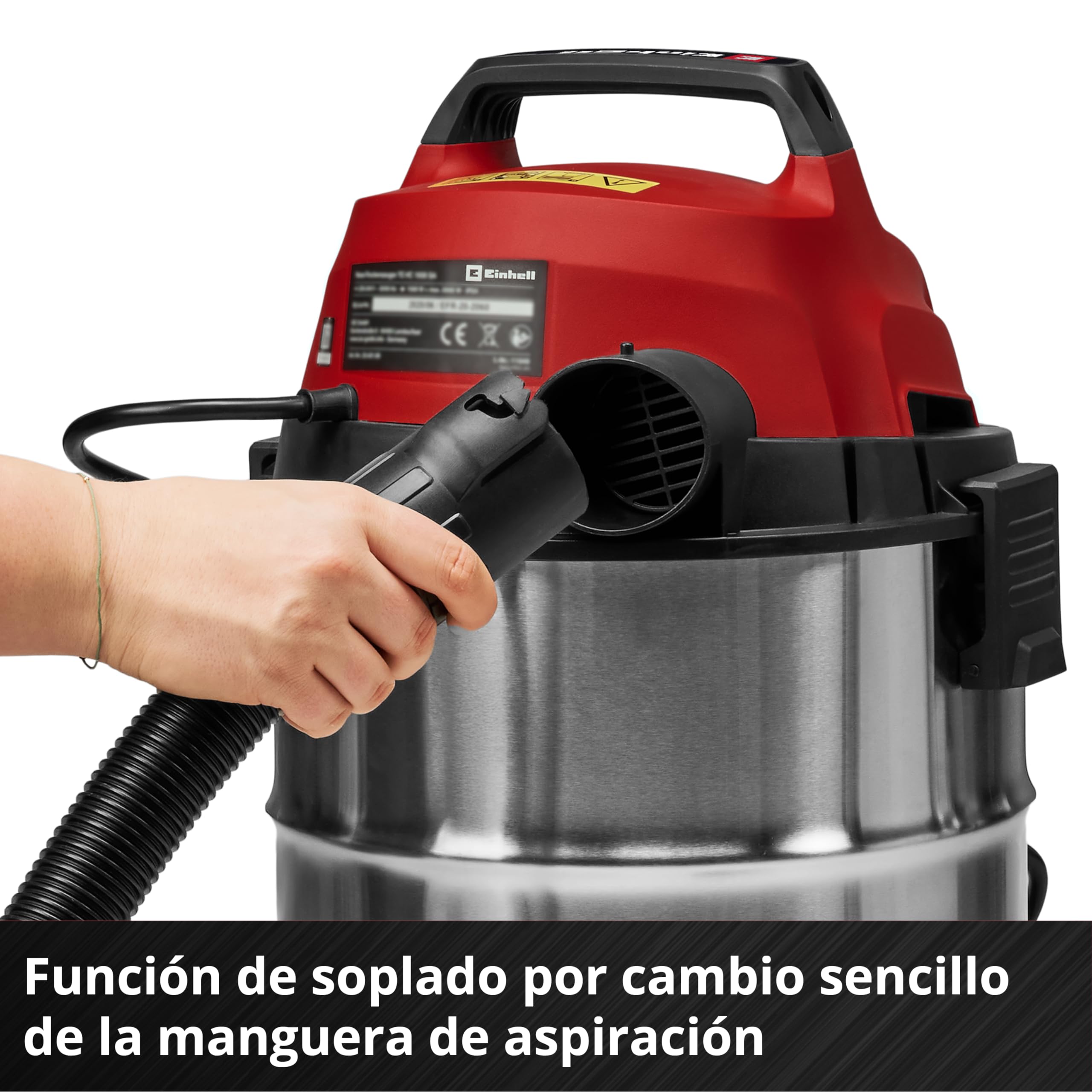 Einhell Aspirador en seco y húmedo TC-VC 3055 SA (900 W, 190 mbar, Toma automática, Recipiente de Acero Inoxidable 30 l, Ruedas y Rodillos, Incl. boquillas, filtros y Bolsa colectora de Suciedad)