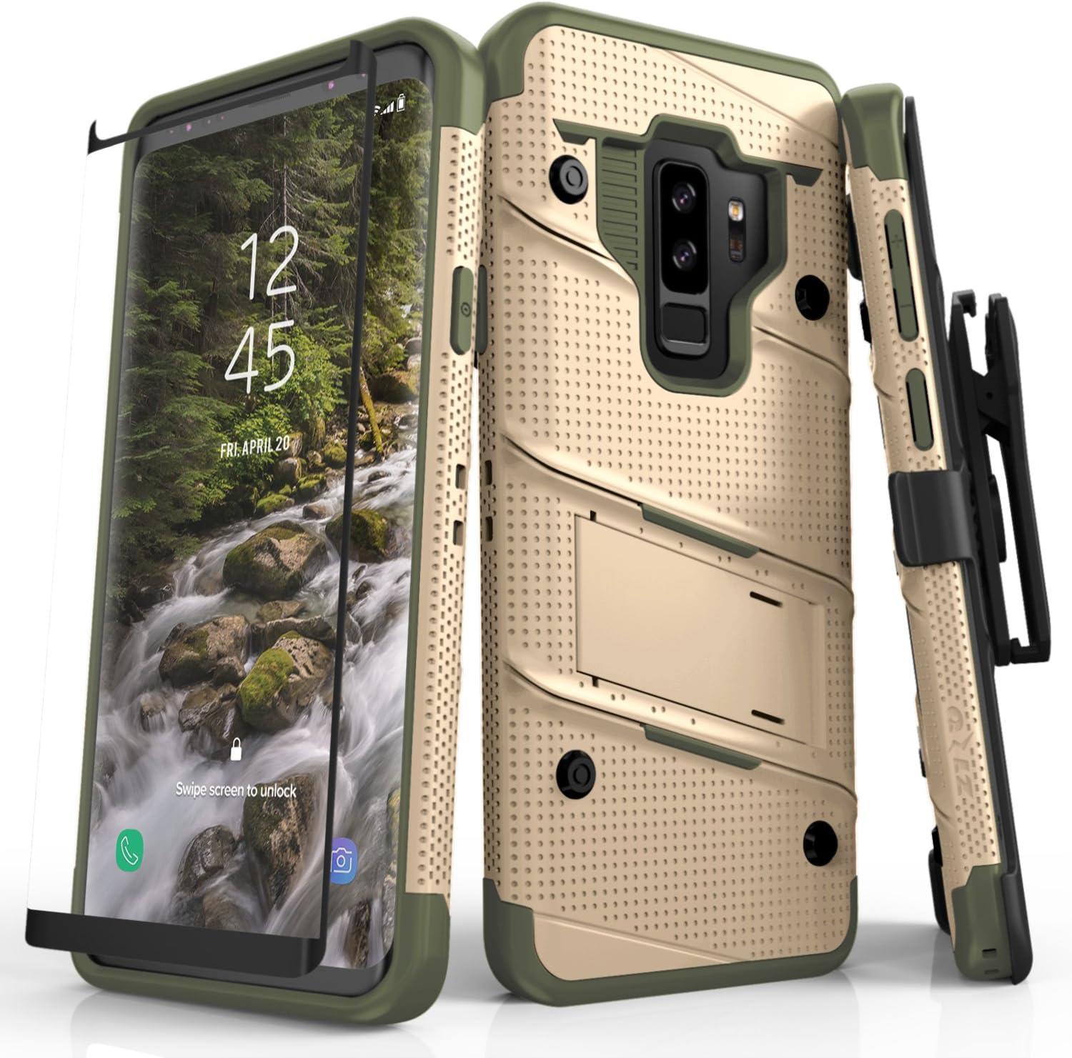ZIZO Bolt Series for Samsung Galaxy S9 Plus Case Military Grade Drop Tested with Tempered Glass Screen Protector Holster TAN CAMO Green