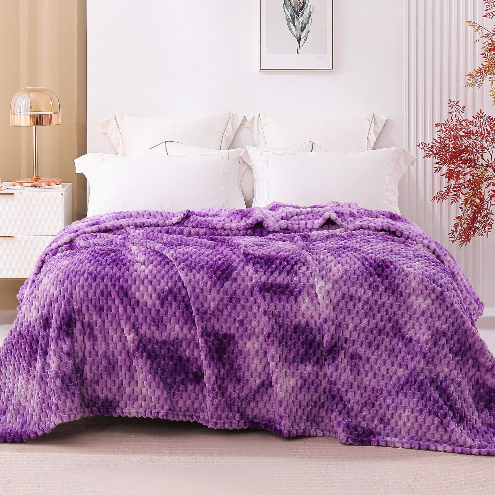 Exclusivo Mezcla Twin Size Flannel Fleece Blanket, 60x80 Inches 3D Clouds Stylish Jacquard Velvet Plush Bed Blanket, Cozy, Warm and Lightweight for Winter, Tie-dye Purple Blanket