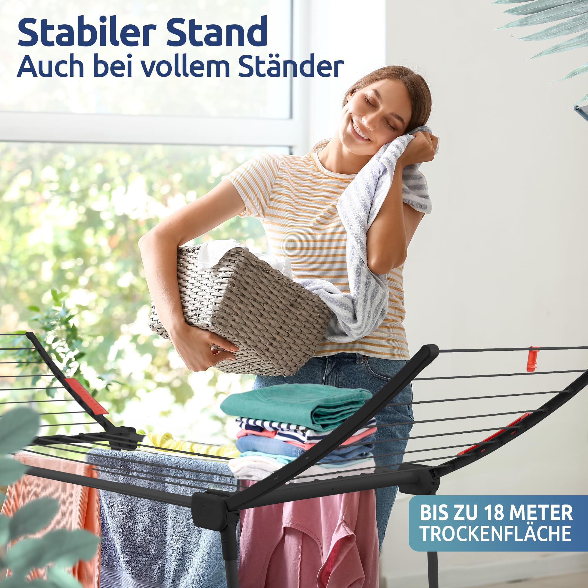 STAHLMANN ® Wäscheständer Schwarz [18M Trockenfläche ] - Flügelwäscheständer [Made IN EU] 1,05 M Flügel ideal für Lange Kleidungsstücke - Wäscheständer platzsparend