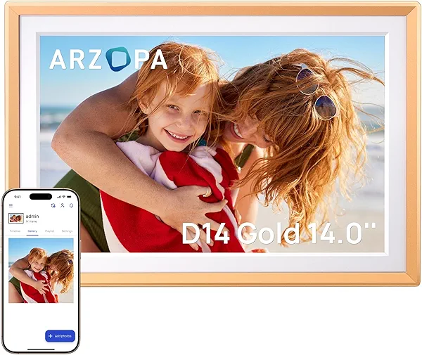 ARZOPA Digital Picture Frame WiFi 14" FHD IPS Touch Screen Smart Metal Photo Frame Electronic Free Arzopa App Custom Picture Frame for Gifting Easy Share Unlimited Photos Videos - D14 Gold