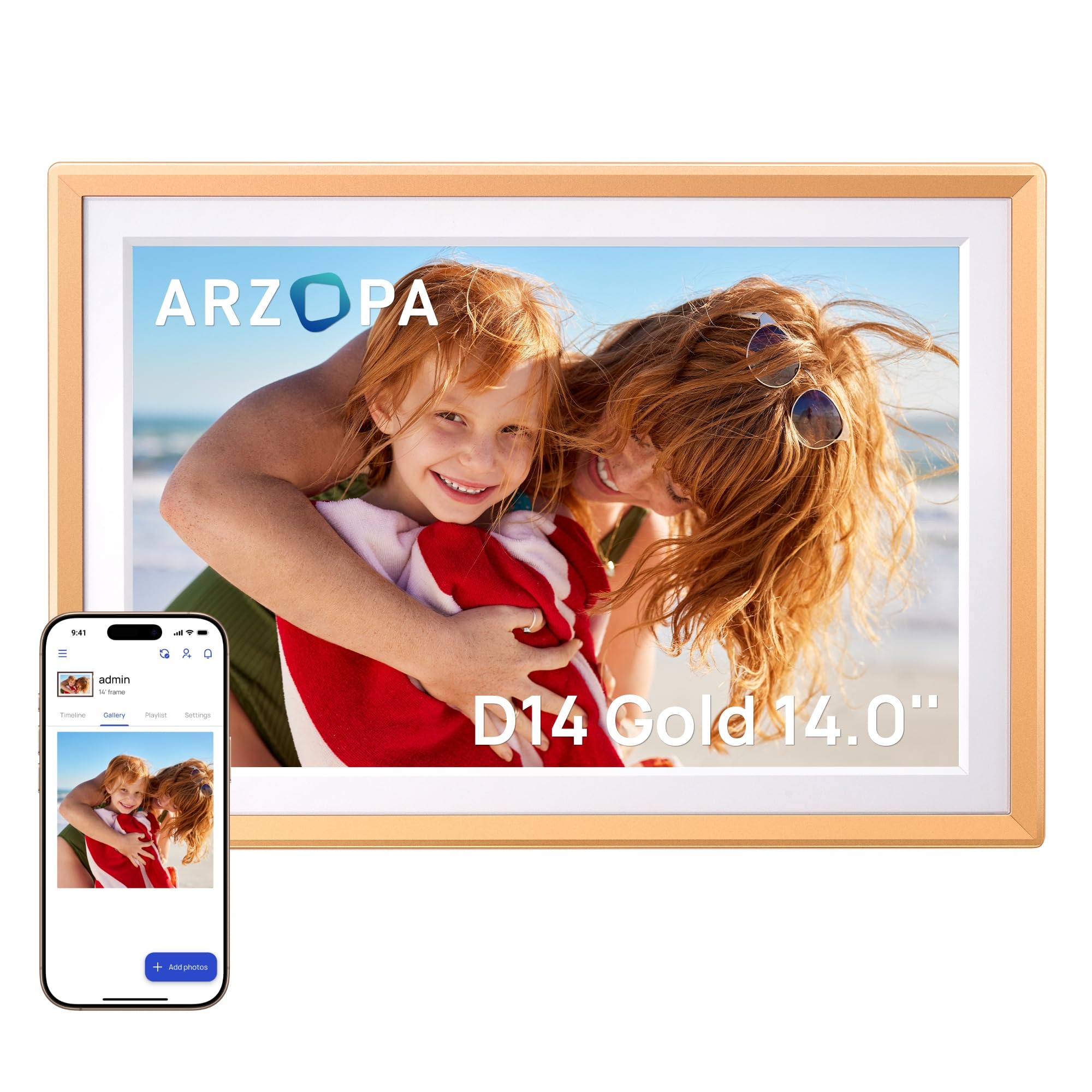 ARZOPA 14 Inch Metal Digital Photo Frame Cloud Storage Free 1920*1200 FHD Touch Screen Share Unlimited Photos Videos Digital Frame Connected Photo WiFi Perfect Gift for Family-D14