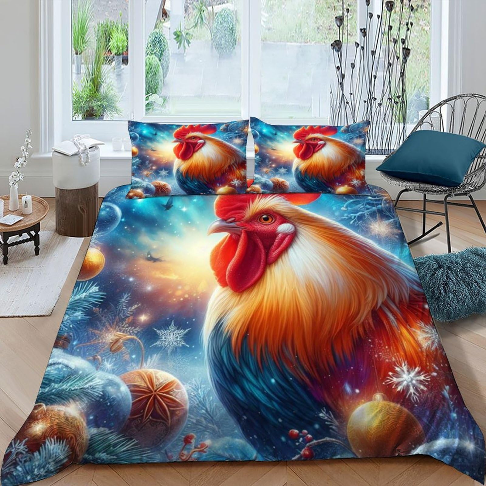 Rooster in Winter Bedding Set Theme Bedspread Cute Animal Duvet Cover Set Microfiber Quilt Cover Universal for All Seasons with Pillowcase King（220x240cm）