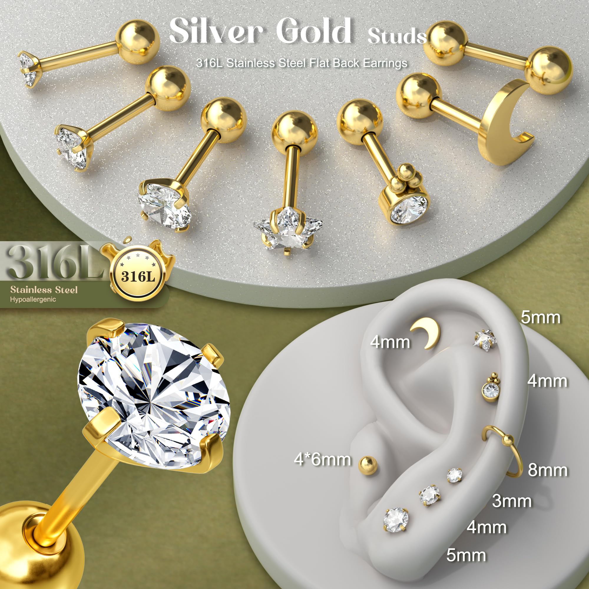 HMJGDHX 20 sztuk stal chirurgiczna Helix Piercing biżuteria hipoalergiczna śruba kolczyki z płaskim tyłem zestaw Tragus Hoop muszla Daith Piercing biżuteria klip srebrne złote kolczyki na chrząstkę