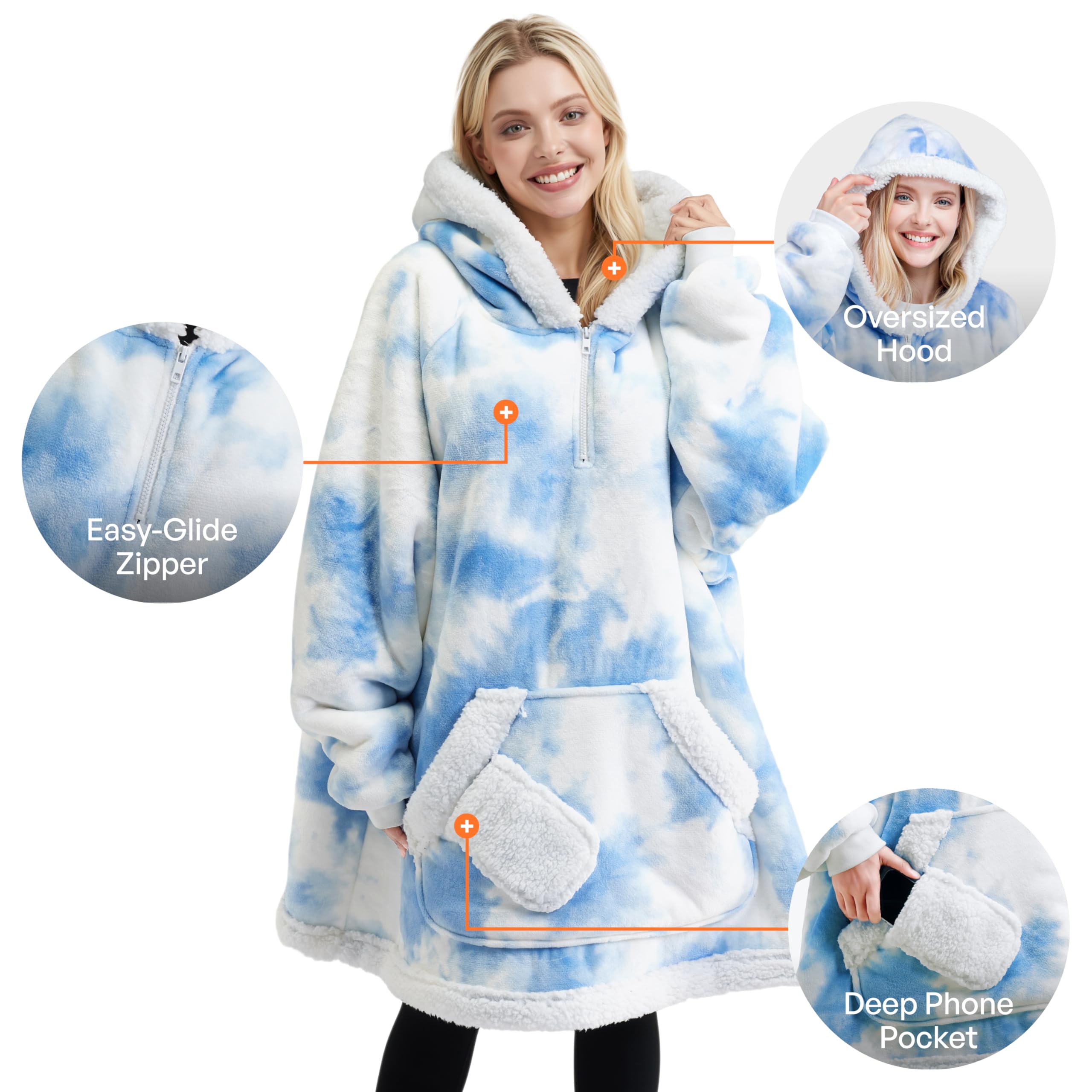 Narecte Oversized Blanket Hoodie For Adults - Wearable Sherpa Blanket, Giant Hoodie Cozy Sweatshirt, Blue Plaid