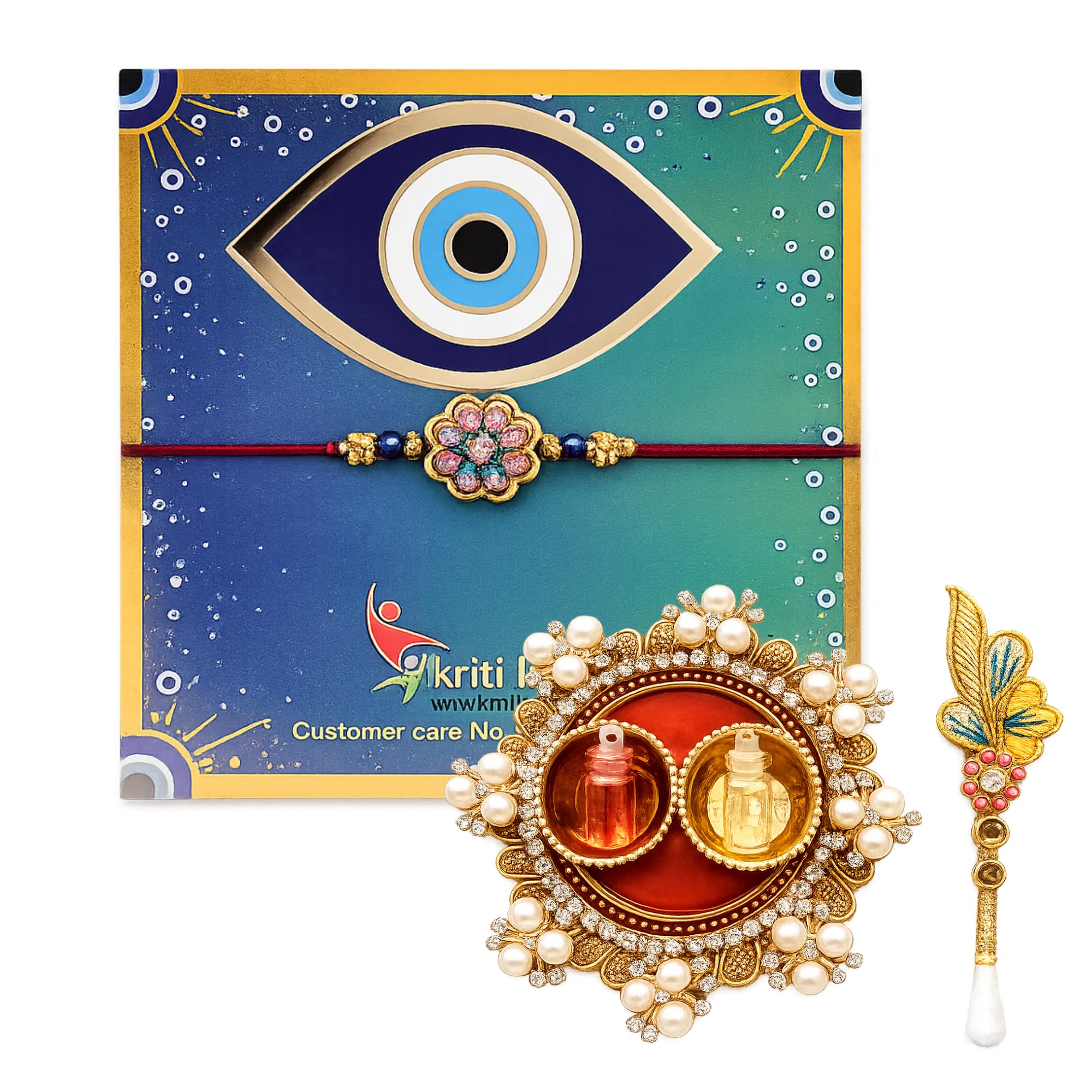 Evil Eye Rakhi with Brass Pooja Thali Set | Handmade Adjustable Raksha Bandhan Rakhi with Nazar Floral Charm | Brass Roli & Chawal combo Containers | Premium Rakhi Gift for Brother-image-23