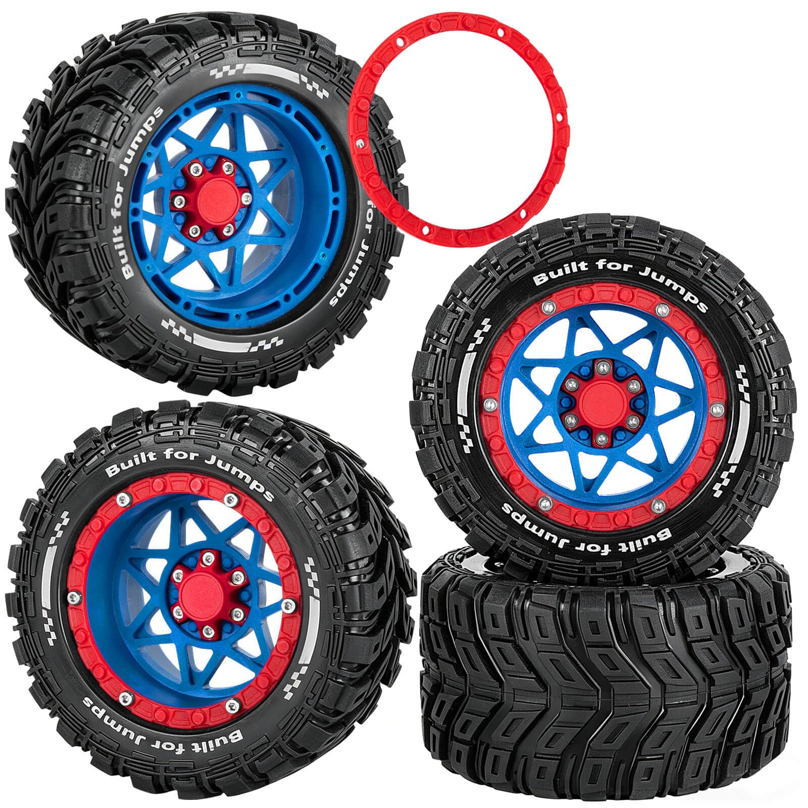 RCMYou RC Truck Wheel and Tires for 1/16 SUMMIT E-REVO GORGON GROM MINI KRATON M-J-X H-B-X S-C-Y RC Car,Monster Truck Car Wheel Tires w/Plastic Wheels Rim,Soft Tire Highway Wheels (4PCS),Navy Blue Red