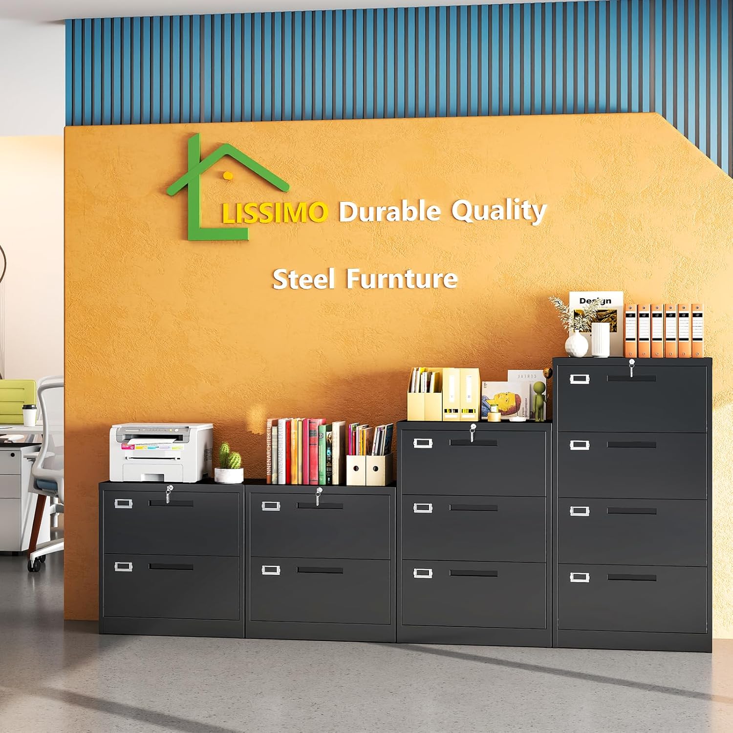 Metal Lateral 4 Drawer File Cabinet with Lock, Wide Filing Cabinet for Home Office Organization Hanging Files Letter/Legal/F4/A4 Size (Black, Assembly Required)